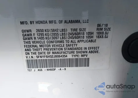 2018 Honda Pilot Ex-L z USA, uszkodzony, nr VIN 5FNYF6H52JB064354